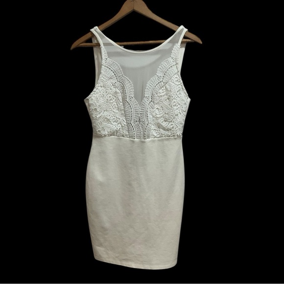 🤍 Lulus White Lace‎ Bodycon Dress S 💍 Mesh Top Bridal Shower Cocktail Fit - Picture 6 of 8